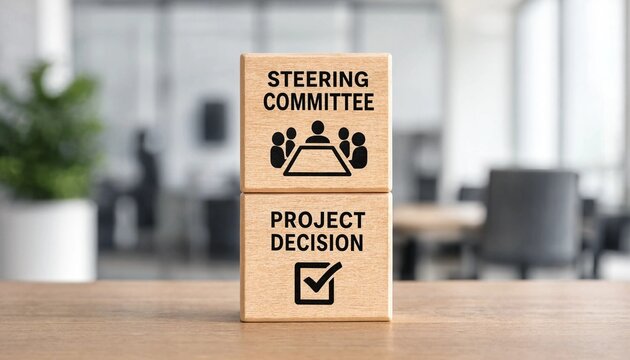Steering committee blocks with project decision approval illustration on office desk background