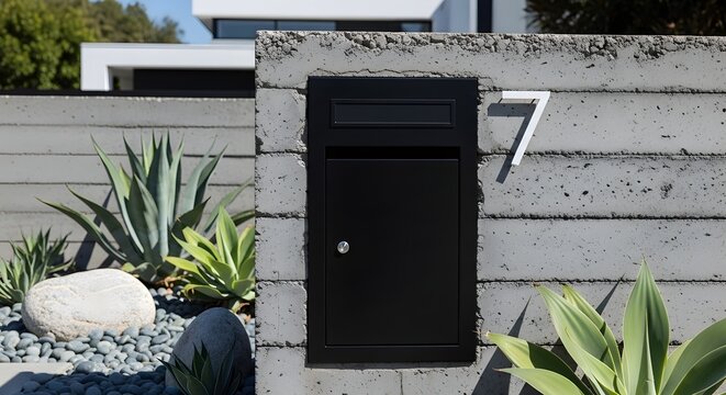 Modern concrete wall with a black mailbox and house number seven in a residential garden.