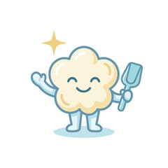 Fototapeta premium Cute Popcorn Character Waving with Scoop and Sparkle Star Icon Illustration for Food Branding