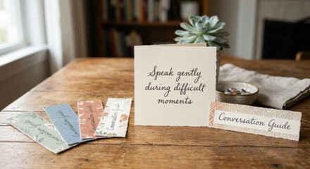 Fototapeta premium Inspirational Cards With Gentle Reminders on a Rustic Wooden Table