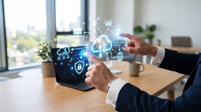 Businessman interacting with holographic cloud computing interface on laptop screen, touching virtual icons for data upload download storage sharing networking analytics charts
