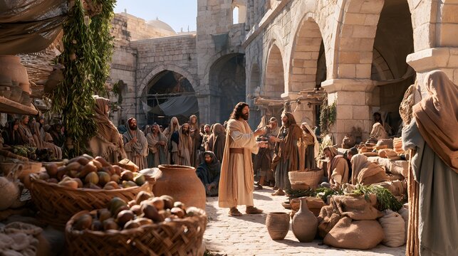 Jesus christ preaching to a crowd in an ancient stone marketplace
