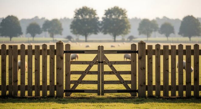 A wooden gate leading into a peaceful green pasture with sheep grazing in the distance.