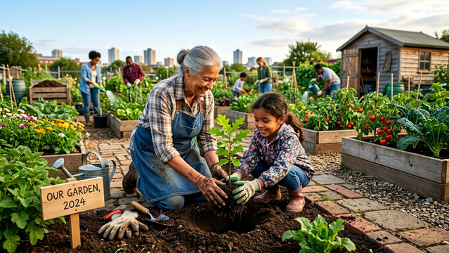 Senior woman and young girl planting a seedling in a community garden
