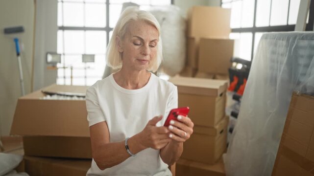 Woman holding red smartphone, smiling and looking up amid stacked cardboard boxes and wrapped mattress in a building interior; relief.