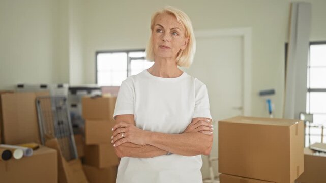 Woman standing with arms crossed beside packed moving boxes inside a residential building; new beginning serenity.