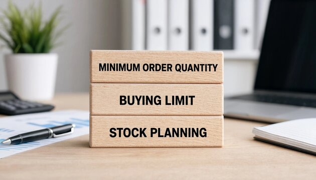 Wooden block display showing key concepts minimum order quantity buying limit and stock planning on office desk