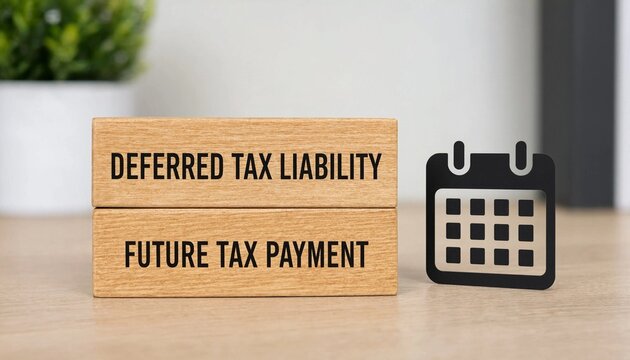 Wooden block displaying deferred tax liability and future tax payment concept with calendar icon on desk