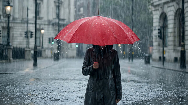 Woman with red umbrella walking in the rain.