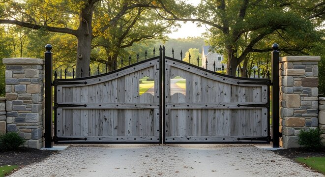 A beautiful rustic wooden entrance gate with stone pillars at a private estate driveway.