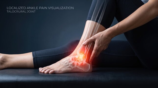 Localized ankle pain visualization showing talocrural joint anatomy, woman holding injured foot with glowing bone structure overlay, sports injury, arthritis, sprain or fracture