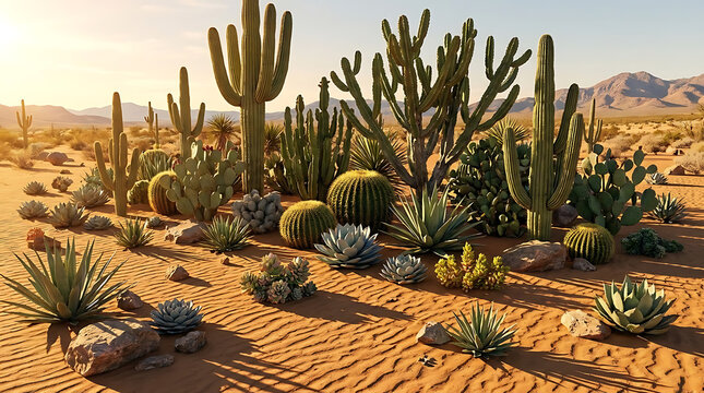 Vibrant composition of diverse desert plants featuring spiked green cacti, lush succulents, and mandacaru Cereus jamacaru clusters growing in an arid greenhouse botanical garden environment.