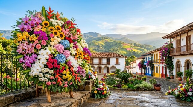 Vibrant traditional flower arrangement display during a colorful cultural street celebration in a sunny mountain town