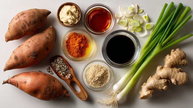 Minimalist flat-lay of miso sweet potato ingredients on white background with sweet potatoes, miso, coconut oil, sriracha, soy sauce, honey, sesame oil, ginger, scallions, and sesame seeds