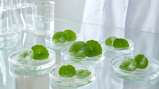 Fresh green centella asiatica leaves arranged in round glass petri dishes with clear water for laboratory research botanical herbal medicine extraction and scientific biology study experiment.