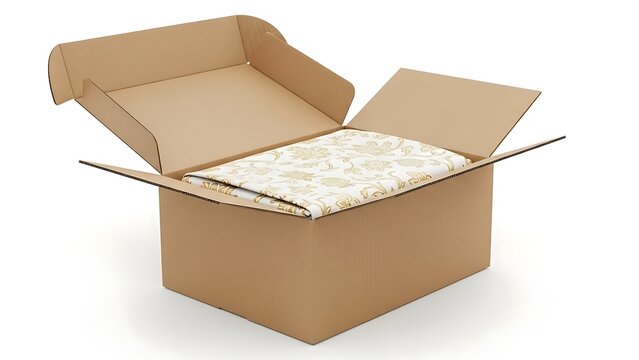 Open cardboard shipping box with folded patterned fabric textile inside for delivery and retail storage