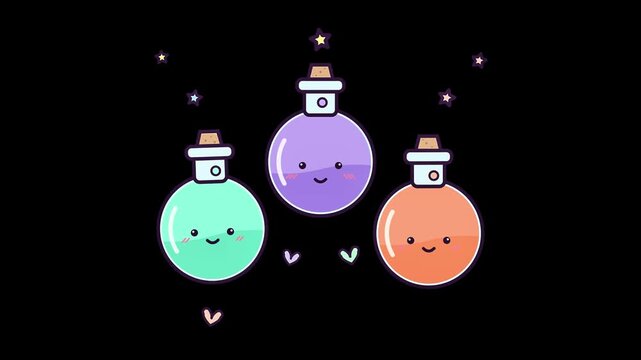 Cute animated magic potion bottles blinking on black background