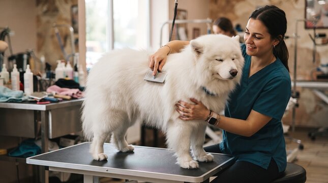 Professional groomer brushing a fluffy white Samoyed dog on a grooming table in a salon