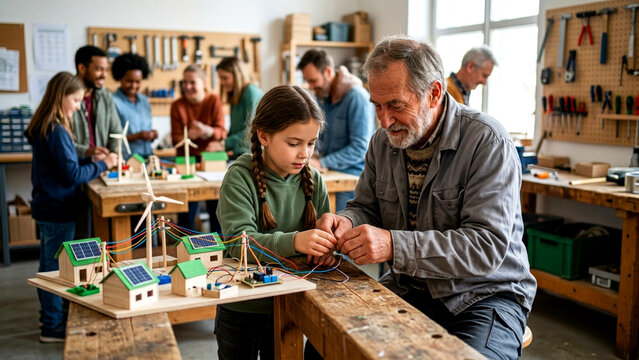 Senior Man and Girl Building Renewable Energy Model in Workshop