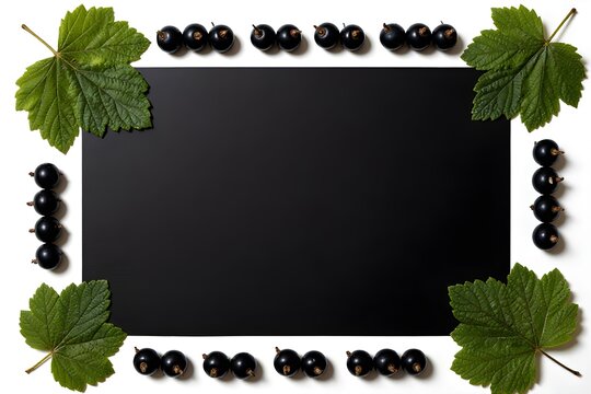 Flat lay composition with black sheet of paper on white background decorated with blackcurrant and green leaves for mock up, decoration and decorative border for photo, text, calligraphy and lettering