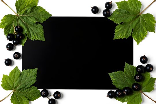 Flat lay composition with black sheet of paper on white background decorated with blackcurrant and green leaves for mock up, decoration and decorative border for photo, text, calligraphy and lettering
