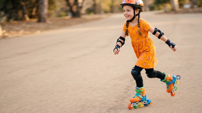 Joyful young girl with braided hair wearing protective gear and rollerblades skates on a paved path outdoors