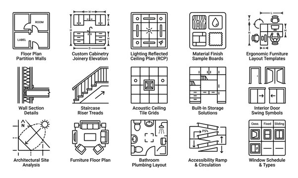 Architectural floor plans outline essential interior design elements and building layouts.