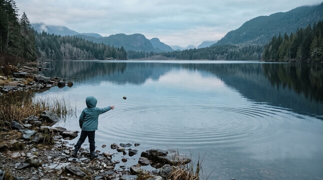 Child throws stone into calm lake creating ripples surrounded by evergreen forest and mountains on overcast day