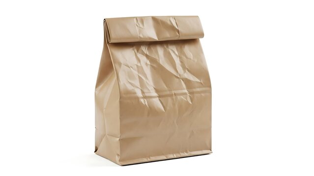 A single empty brown paper bag for food delivery or lunch standing upright for a simple presentation