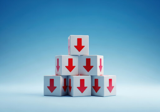 Pyramid structure built from white blocks showing red downward arrows on blue background representing decline of business performance and market loss.