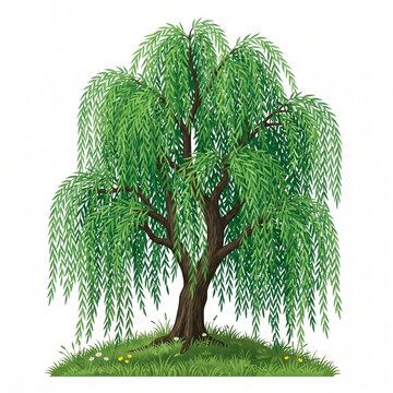 Weeping willow tree drooping branches over grassy ground, vector isolated on white