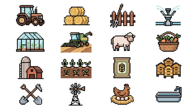 Pixel art farm icons set featuring tractor, greenhouse, combine, animals, crops and tools