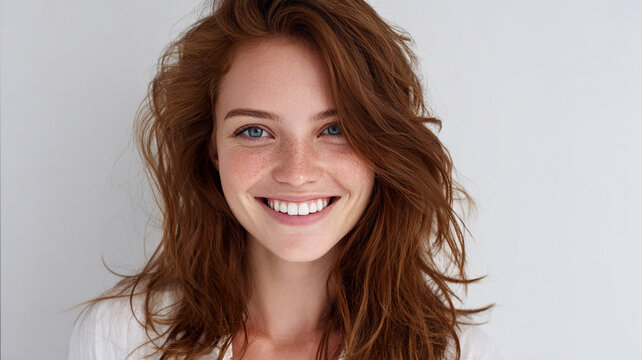 Red hair smile woman portrait freckle beauty blue eye close up, fresh dewy face with natural skin on gray background
