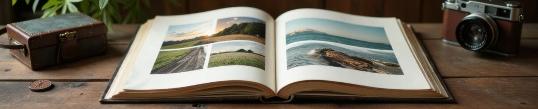 Open photo album displays scenic travel photos, vintage camera nearby , light, film photography, album
