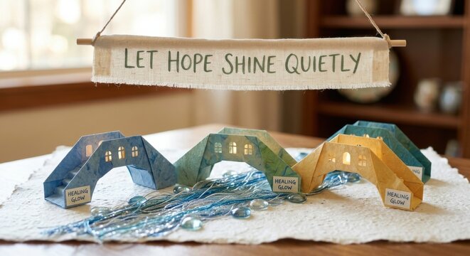 Handmade Paper Bridges Adorned with Lights Under a Hopeful Banner
