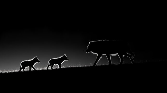 Silhouette of a wolf pack walking on a grassy hill at dusk