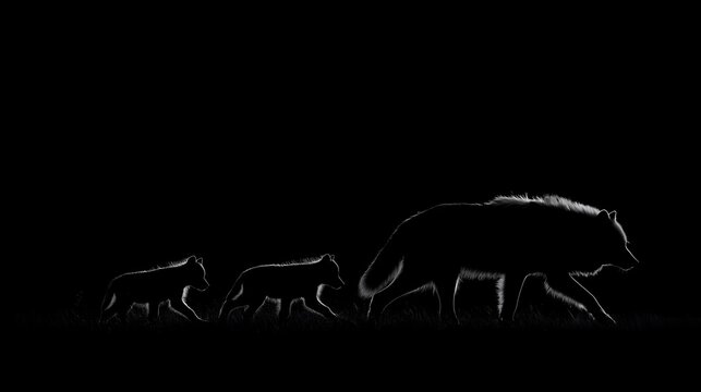 Three wolves walking at night, backlit silhouette in black and white, with tall grass and clear night sky