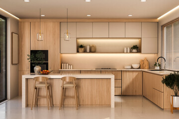 Obraz na płótnie Canvas Japandi style kitchen with fluted wooden island and bar stools.