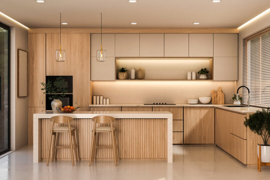 Japandi style kitchen with fluted wooden island and bar stools.