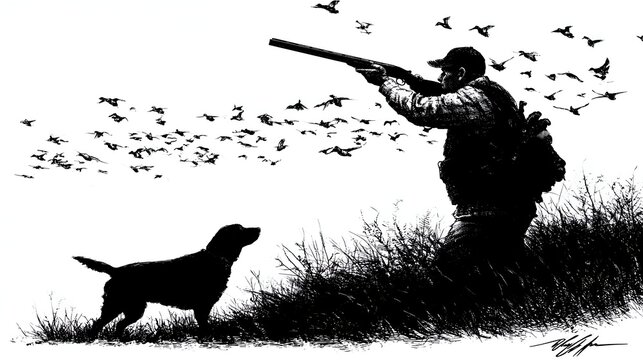 Hunter aims shotgun at flock of birds with dog in foreground during hunt
