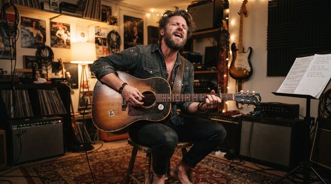 Passionate male musician playing acoustic guitar and singing in a vintage recording studio filled with records and instruments