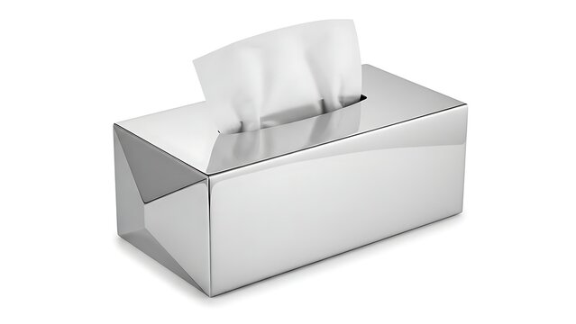 Modern rectangular tissue box holder made of shiny polished metal with white paper tissue inside