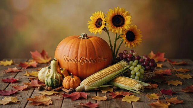 Thanksgiving day festive composition with a carved pumpkin, sunflowers, corn, grapes, and autumn leaves on a rustic wooden table