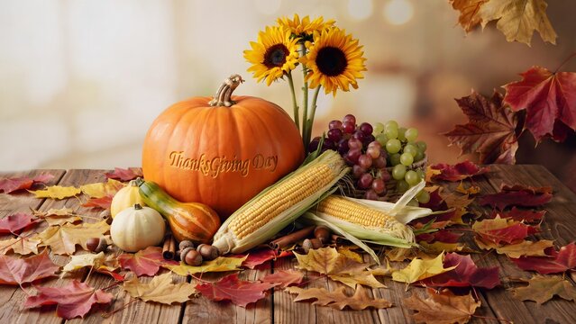 Thanksgiving day pumpkin with sunflowers, corn, grapes, and autumn leaves on a rustic wooden table