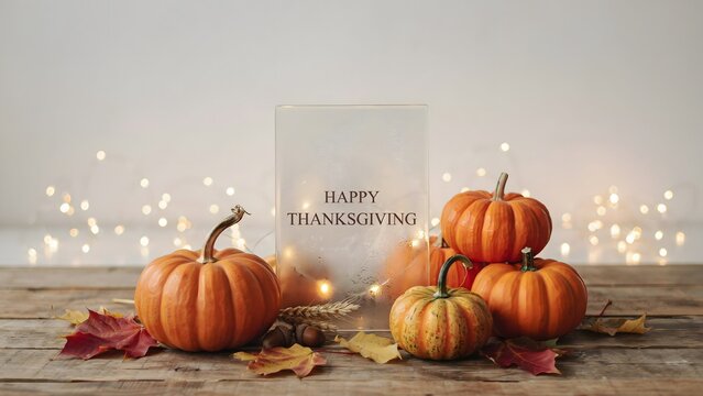 Happy thanksgiving greeting card with pumpkins and autumn leaves on a rustic wooden table with bokeh lights in the background