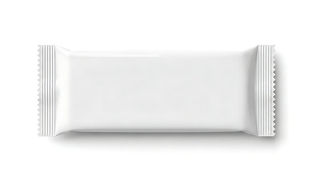 Blank white snack bar food packaging wrapper pouch mockup for chocolate or energy bar product design