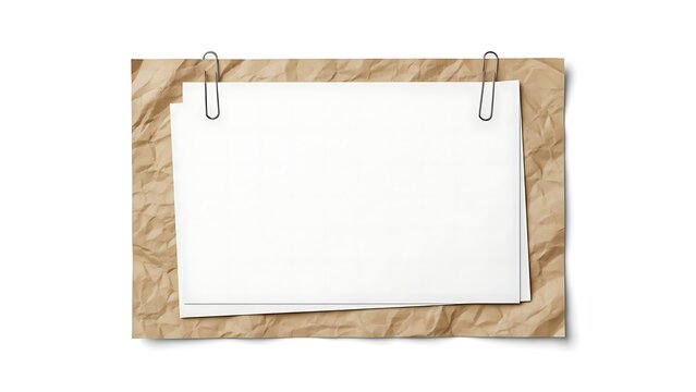 Blank white paper sheets attached to a crumpled brown paper background with two silver metal clips
