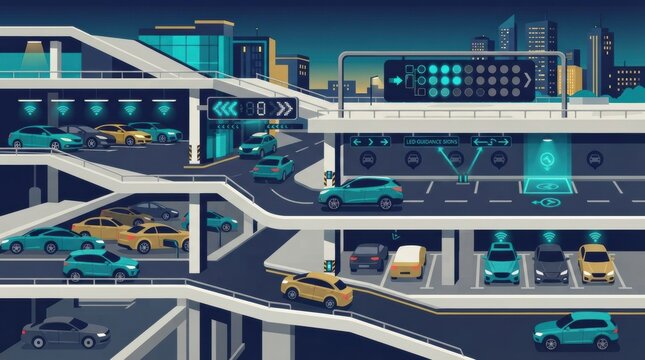 Cars are parked and moving in a structured layout showing automated parking management and smart building features with city backdrop.