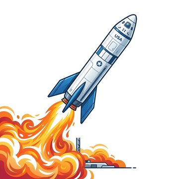 Space rocket launching into orbit with fiery exhaust. Futuristic spacecraft blasting off from Earth with bright flames.