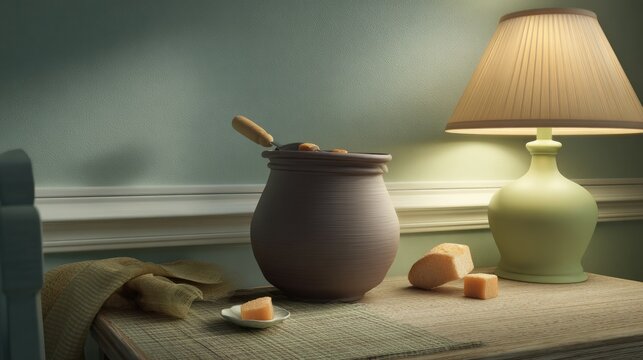 sideboard. Small ceramic fondue pot with fork and bread cube on sideboard, warm home entertaining and comfort food concept, menu design.